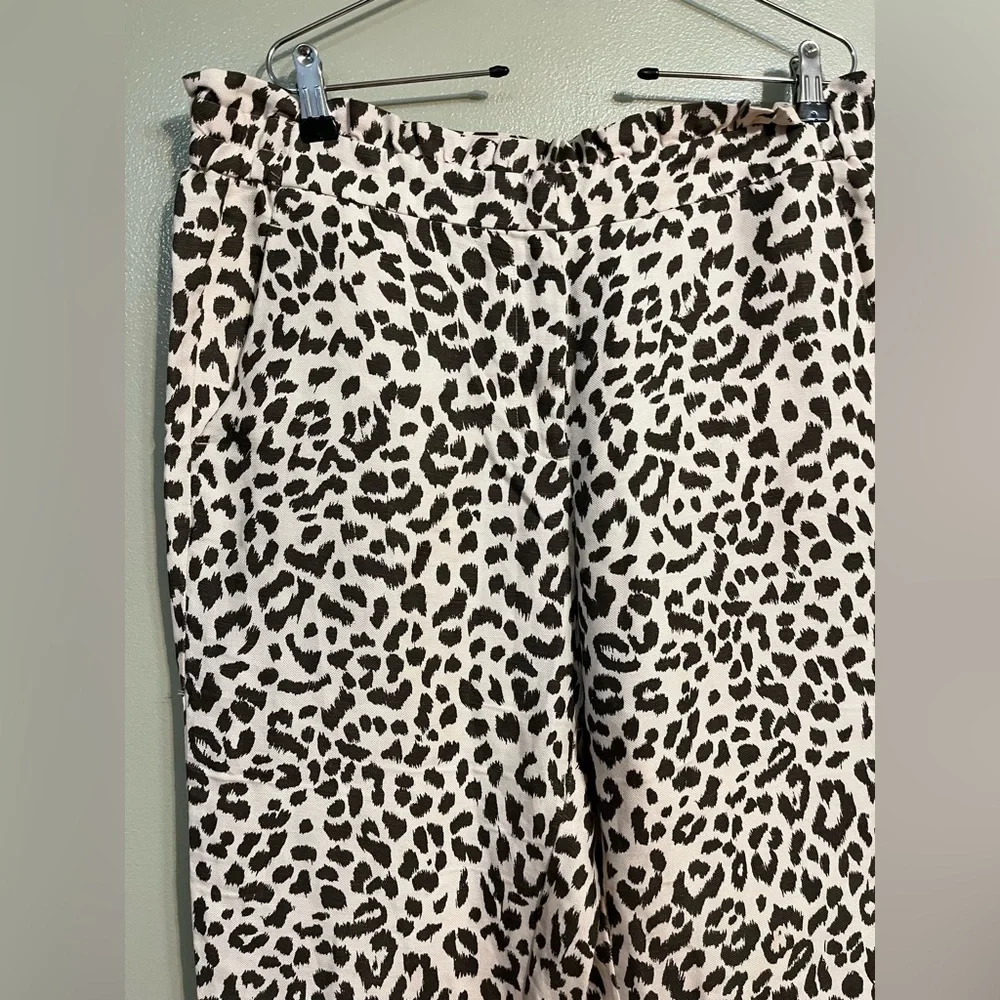 J Crew Womens Leopard Print Crop Ankle Pants Linen Bland Ruffed Waist Size 14